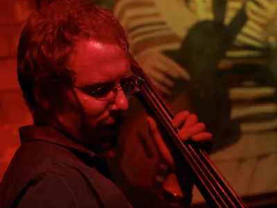 Leigh Barker on double bass with The Irwell Street String Band